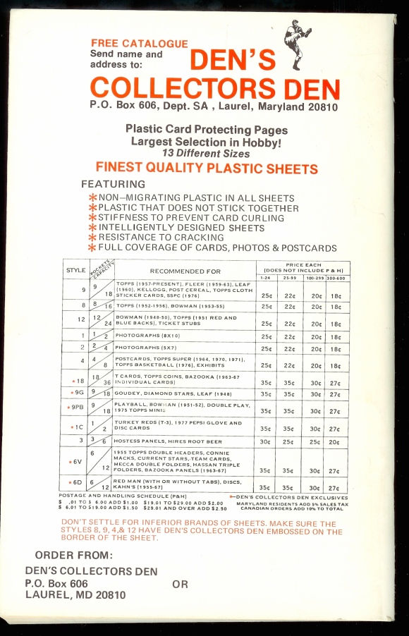 Den's ad, 1978 checklist back